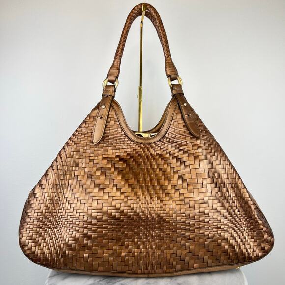 Cole Haan Genevieve Weave Brown Metallic Gold Leather Large Shoulder Bag - Picture 12 of 16
